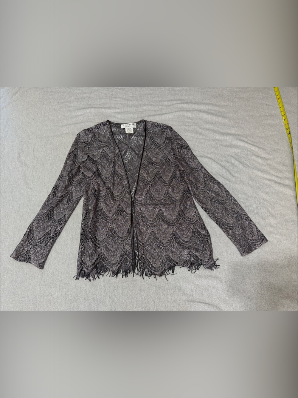 Liz Claiborne Black Crochet Fringe Open-Front Cardigan